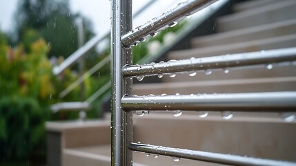 Metal Railing After Rain with Water Droplets Reflecting Garden and Staircase View