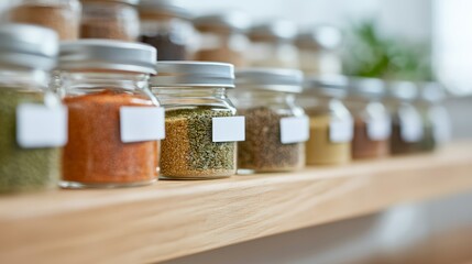Organized Spices in Glass Jars on Shelf - Minimalist photography