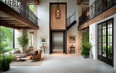 Luxurious, open-plan foyer with exposed beams, elegant design elements, and a modern elevator