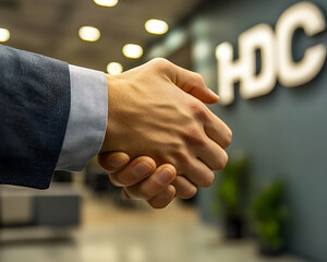 Two hands are shaking in front of a blurred modern wall signifying a new partnership