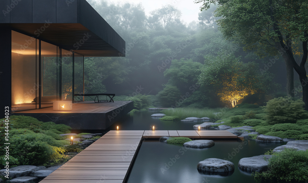 Aufkleber serene modern architecture in tranquil garden setting with misty atmosphere.