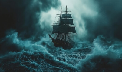 Obraz premium dramatic sailing ship navigating through turbulent stormy seas with dark clouds.