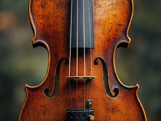 Close-up of a vintage violin showcasing intricate wood grain and craftsmanship