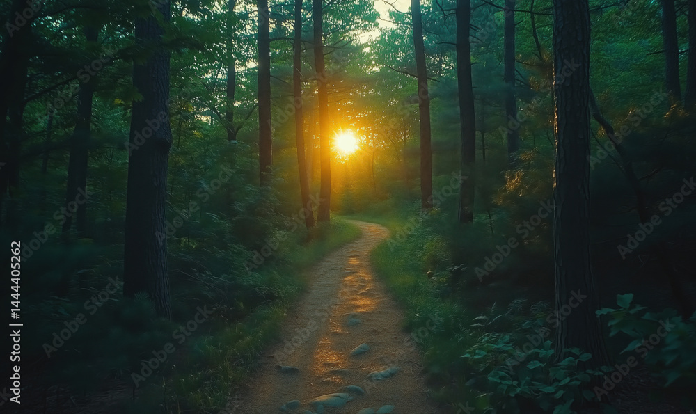 Aufkleber serene forest path illuminated by sunset through trees in tranquil nature setting.