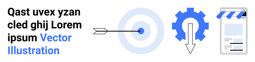 Arrow hitting bullseye, gear with downward arrow, and document icon. Ideal for productivity, efficiency, success, goal-setting, automation, process improvement simple landing page