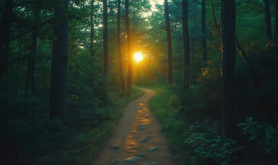 Obraz premium Serene forest path illuminated by sunset through trees in tranquil nature setting.