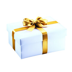 Obraz premium Elegant white gift box with a shiny gold ribbon and bow for celebration or special occasion, isolated on a white background with soft lighting and shadows