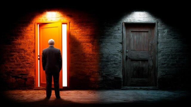 A Man Facing Two Contrasting Doors
