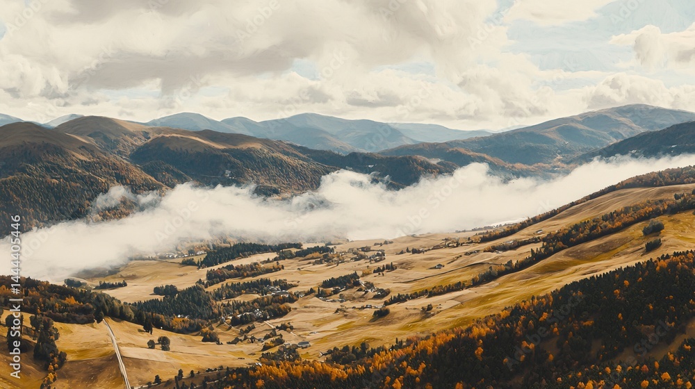Poster peaceful mountain range with sparse trees under the ethereal fog creating a dramatic and atmospheric