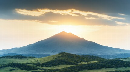 A majestic mountain landscape with towering peaks under a clear blue sky and lush green foreground