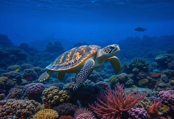 Obraz premium Swimming Sea Turtle Over a Vibrant Coral Reef in Blue Ocean