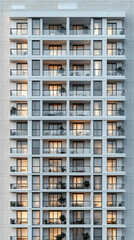 Tall building with many balconies Lighting is visible in the windows Exterior walls have an interesting texture