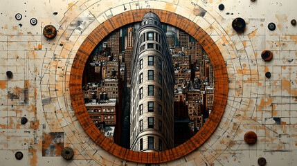 The building is in a circular frame showing a background of other buildings within an abstract background