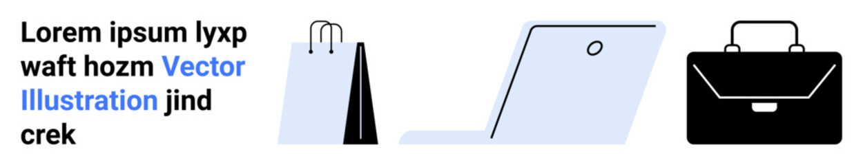 Shopping bag, modern laptop, and sleek briefcase emphasizing work, shopping, technology, and professional tools. Ideal for retail, business, e-commerce productivity marketing and simple landing