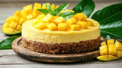 Creamy mango cheesecake topped with a fresh leaf providing a tropical flavor and beautiful presentation for dessert