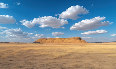 Naklejka premium Majestic plateau under blue sky with fluffy clouds in vast grassland landscape.