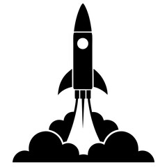 Fototapeta premium Silhouette of a rocket launching with smoke clouds and exhaust on a launch pad
