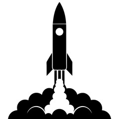 Fototapeta premium Silhouette of a rocket launching with smoke clouds and exhaust on a launch pad