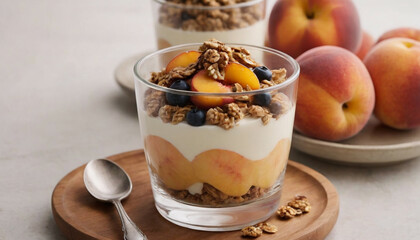 peach yogurt parfait with granola on top