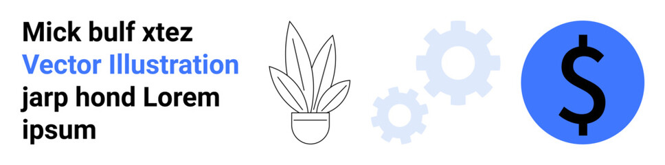 Potted plant, gear symbols, and dollar sign emphasizing growth, innovation, and financial success. Ideal for startups, business strategies, technology solutions, eco-finance economic growth