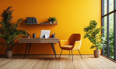 Modern home office with orange wall, stylish desk, and vibrant indoor plants.