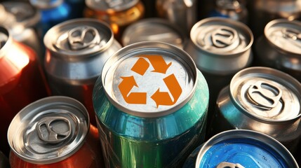 Colorful Aluminum Cans with Recycling Symbol for Sustainable Waste Management Awareness
