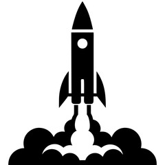 Fototapeta premium Silhouette of a rocket launching with smoke clouds and exhaust on a launch pad