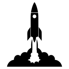Fototapeta premium Silhouette of a rocket launching with smoke clouds and exhaust on a launch pad