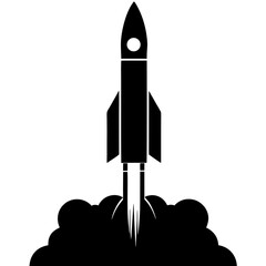 Fototapeta premium Silhouette of a rocket launching with smoke clouds and exhaust on a launch pad