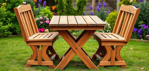 Rustic wooden garden table and chair set, isolated, garden, garden table