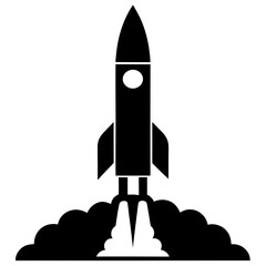 Silhouette of a rocket launching with smoke clouds and exhaust on a launch pad
