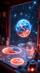Obraz premium Earth sphere and galaxies beyond window with jars on a reflective surface