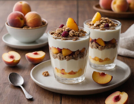 peach yogurt parfait with granola on top