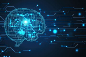 A digital brain, overlaid with circuit board  design, highlights  the intersection of technology 