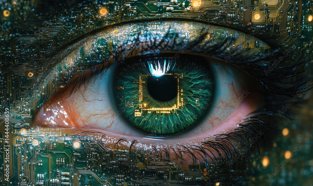 Poster futuristic eye with circuitry and microchip design representing technology and vision.