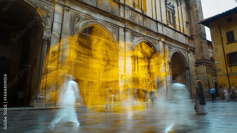 Aufkleber surreal church with people walking by under low-key lighting creating a dreamlike atmosphere enhance