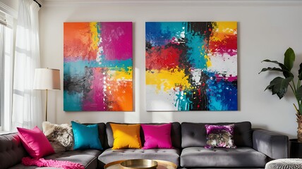 Close-up of bright colored wall art in contemporary living room showcasing interior design creativity and home inspiration