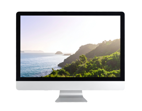 Mac system display with hand mockup template isolated on transparent background