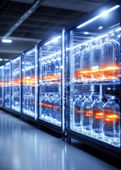 Industrial bottling process warehouse product display modern environment close-up view science and technology