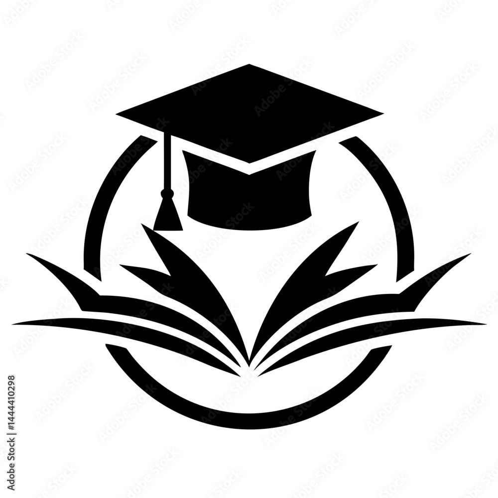 Aufkleber open book and graduation cap within a nest symbol, educational logo design in soft blue and green to