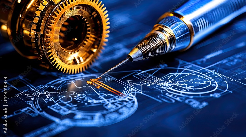 Aufkleber blueprint tasks operation golden gears and silver pen on technical blueprint background
