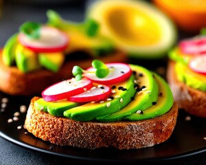 Vibrant and Realistic Avocado Toast with Fresh Radishes and Sesame on a Dark Plate Captured in High Resolution for Food Lovers and Healthy Eating