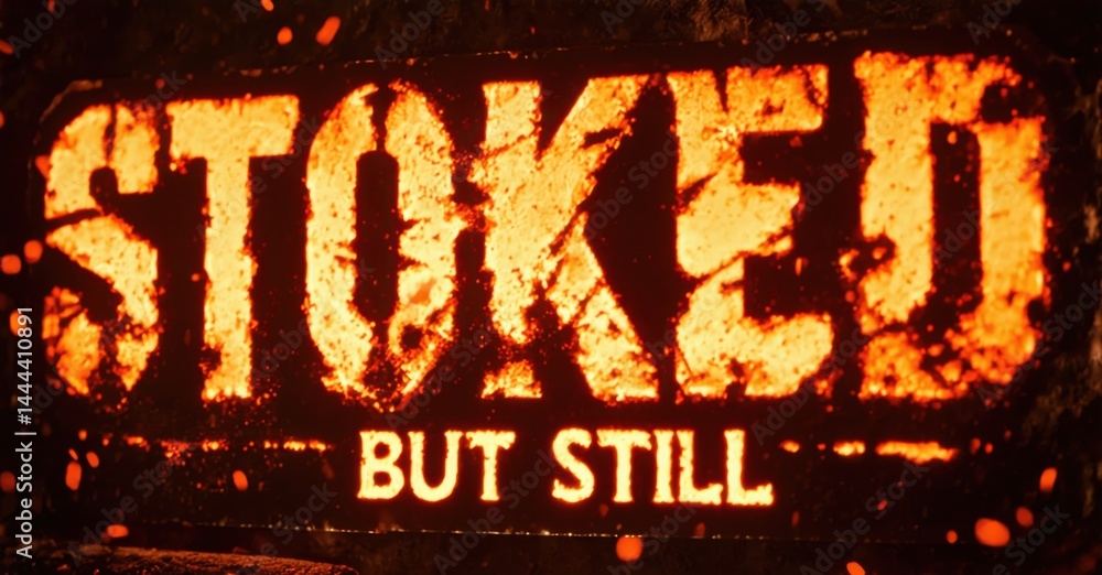 Fototapete fiery text spells stoked above smaller words but still. intense orange glow dominates image, creatin
