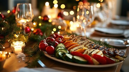 Festive Christmas dinner platter with grilled vegetables.