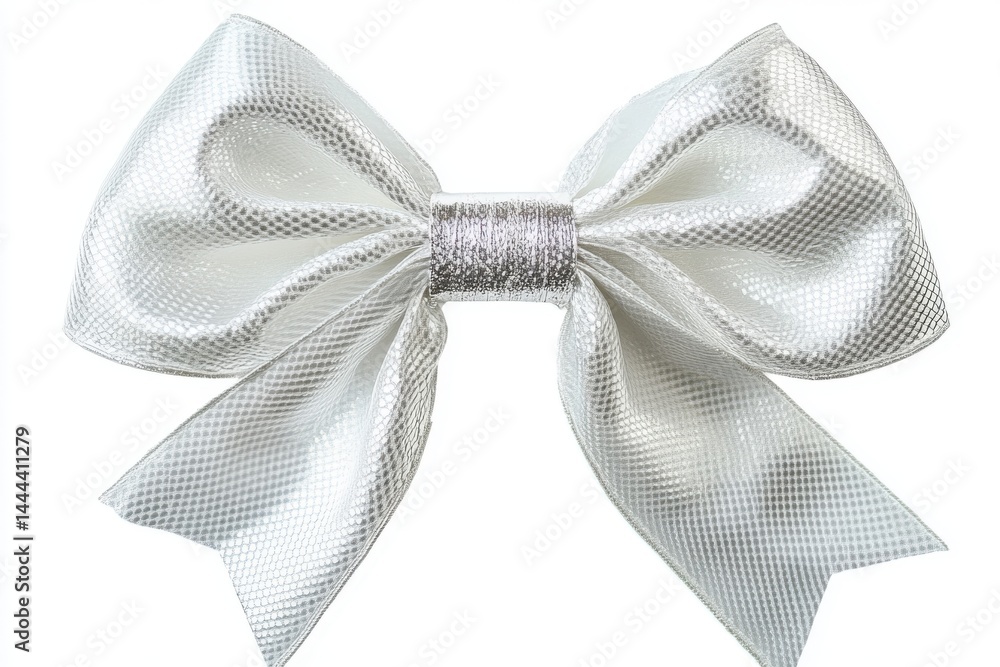 Poster a shiny silver bow with a textured pattern isolated against a plain white background in close up vie