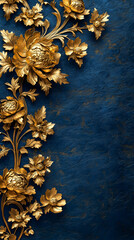 Golden flowers cascade down a dark blue background creating an elegant and luxurious visual effect