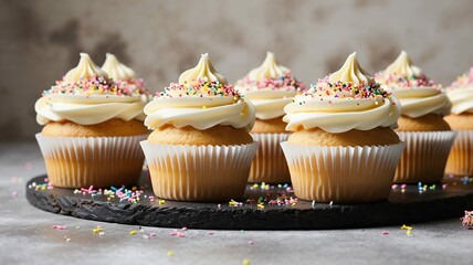 Delicious cupcakes with buttercream frosting and sprinkles on table, ideal for sweet treats