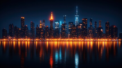 Fototapeta premium Nighttime skyline of a vibrant city reflected in water with glowing lights