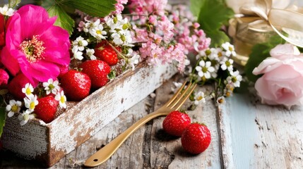 Rustic Whole Grain Basket with Fresh Strawberries and Colorful Flowers on a Weathered Wooden Table