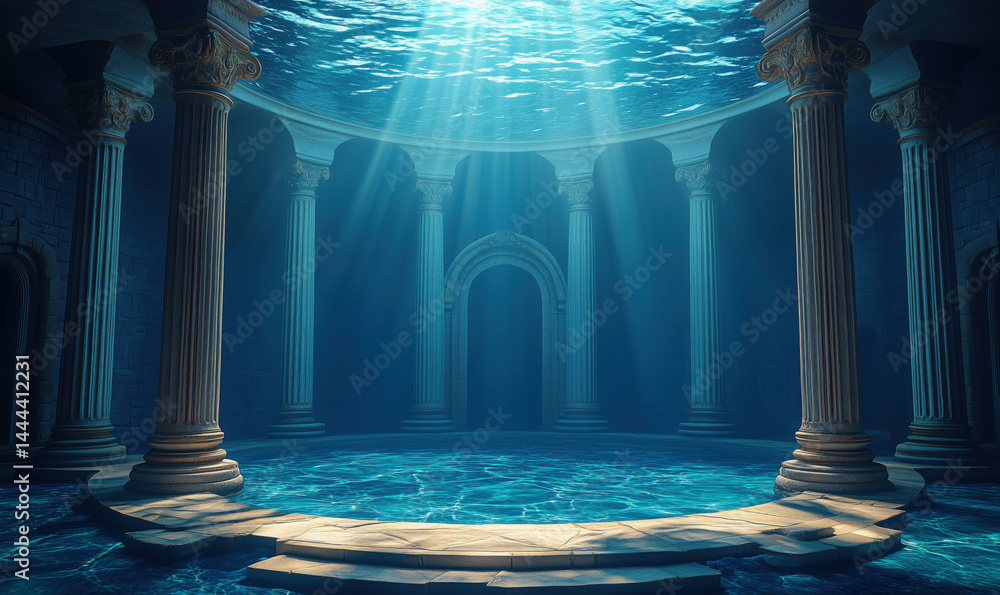 Poster underwater ancient temple with illuminated columns and serene water reflections.